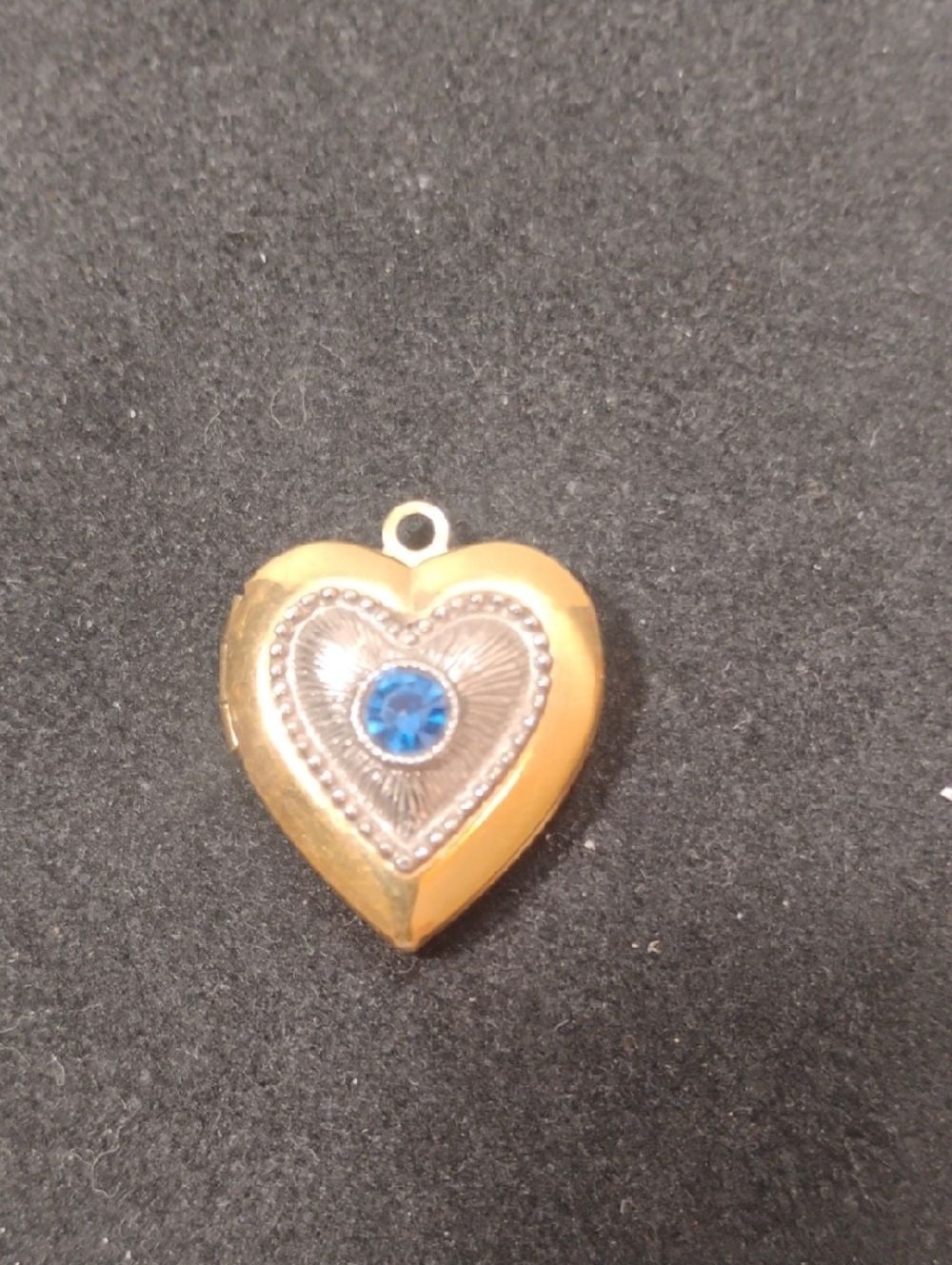 Gold Tone Heart Locket Pendant With Blue Sapphire Rhinestone And Sunburst Design